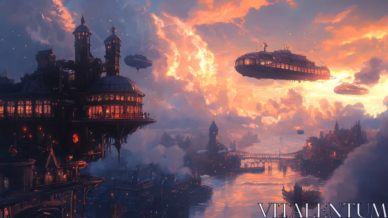 Sunlit skyport city with graceful airships drifting by.