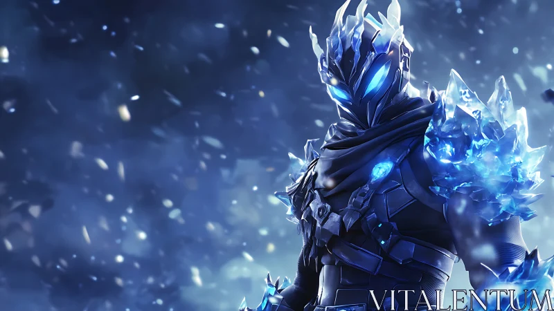 Frost-armored cyber knight in luminous crystal exosuit design.