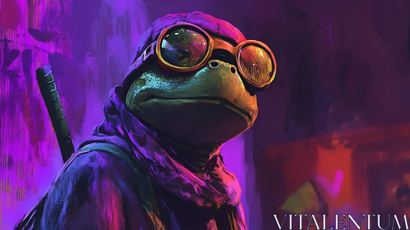 Anthropomorphic turtle rogue rendered in neon cyberpunk hues
