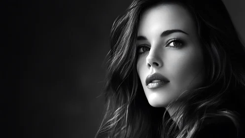 Monochrome close-up portrait of woman with wavy hair.