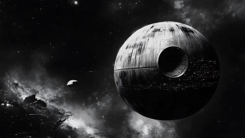 Massive spherical battle station in deep outer space.