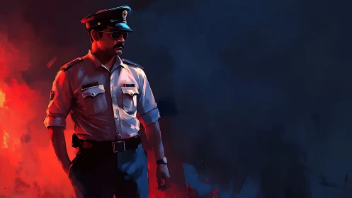 Stoic police officer amid fiery crimson backlight.