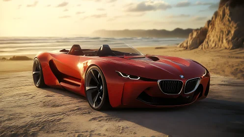 Sculpted red roadster concept on sunlit coastal dunes at dusk.