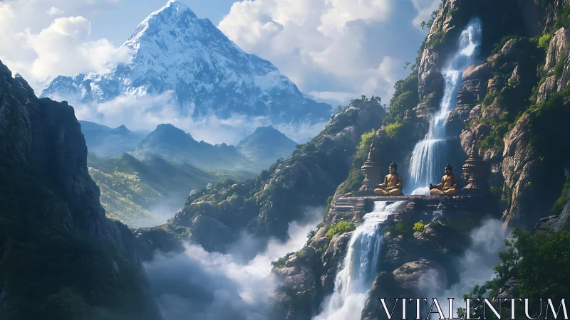 Quiet golden statues welcome calm above misty waterfalls