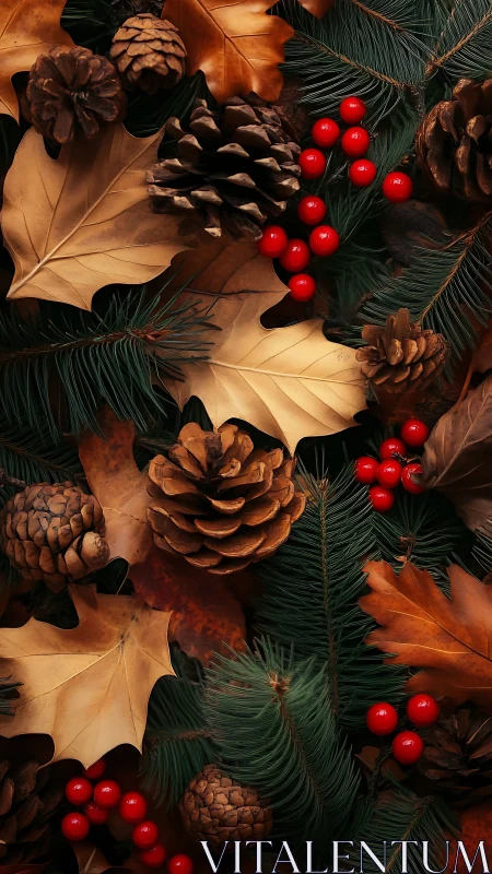 Pine cones, dry leaves, and red berries arranged densely