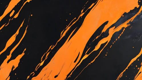Bold orange and black abstract paint streaks on canvas.