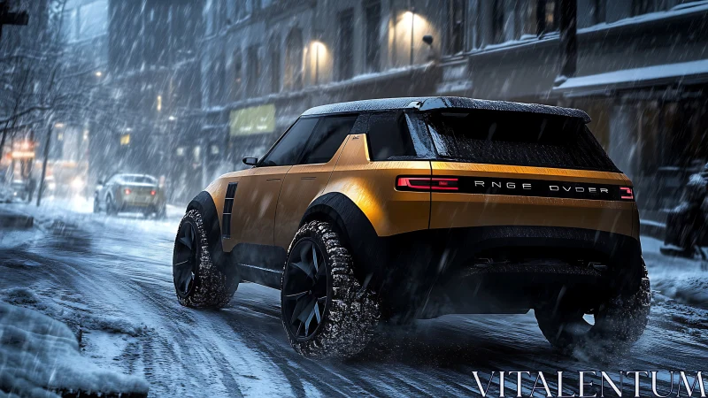 Concept urban off-road SUV in heavy night snowfall, rear view