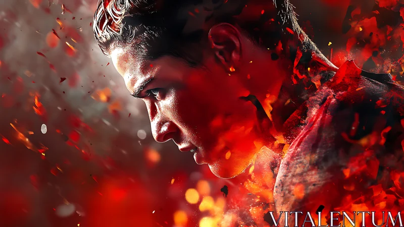 Male profile emerges from abstract fiery particle field