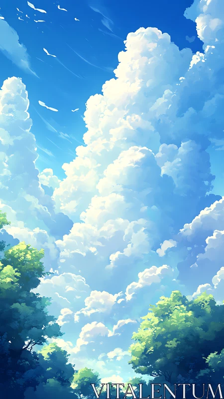 Towering summer clouds above sunlit forest canopy.