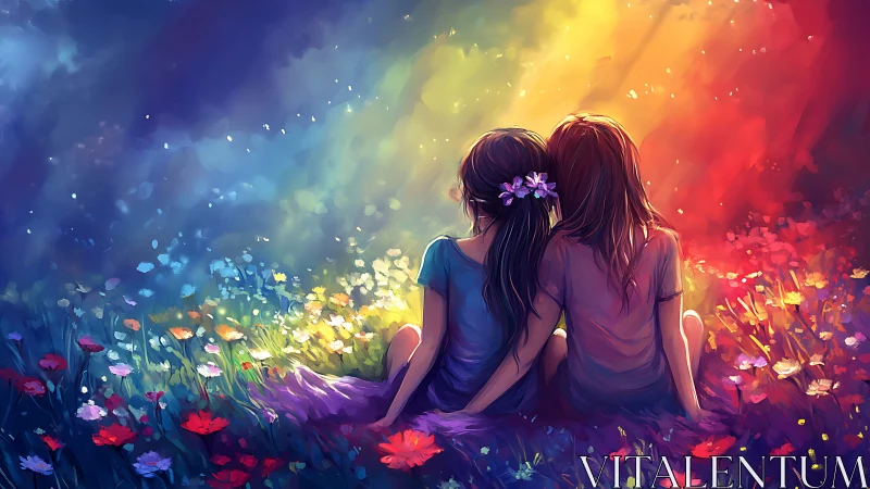 Two Friends Embrace in a Magical Rainbow Flower Field