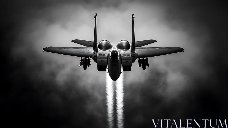 Powerful jet soars through moody clouds in bold monochrome.
