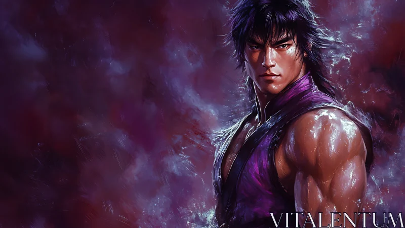 Storm-lit warrior in violet gi stares down unseen destiny.