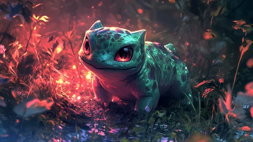 Glow-eyed forest creature basking in emberlit undergrowth.