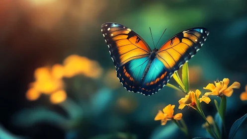 Vibrant blue butterfly rests in dreamy golden garden light