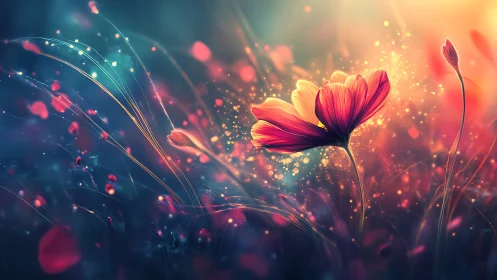 Luminous Floral Bloom with Particle Dispersion in Chromatic Gradient