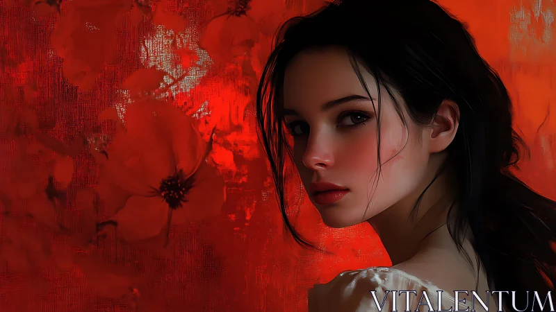 Soft gaze in scarlet light against whispering flowers.