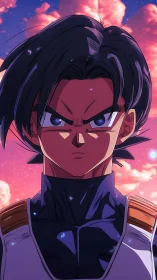 Celestial anime warrior under chromatic nebular sunset sky.