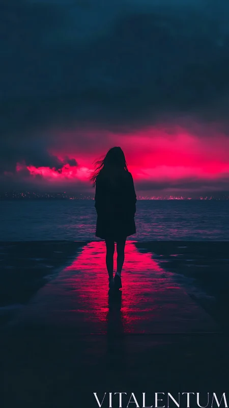 Silhouette by the neon horizon on a quiet evening shore.