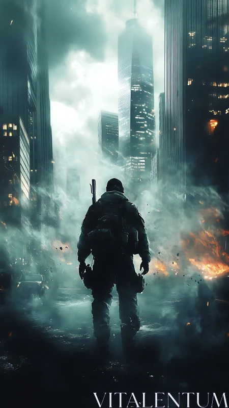 Solitary urban operative in post-blast megacity convergence.