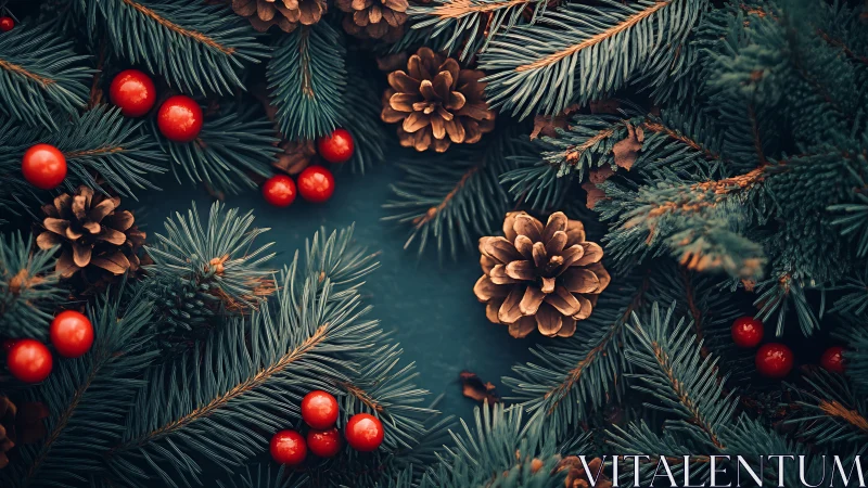 Photorealistic evergreen wreath with berries and pinecones arrangement.