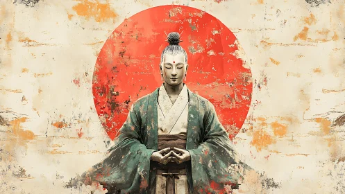 Meditative samurai stands before weathered red sun circle.