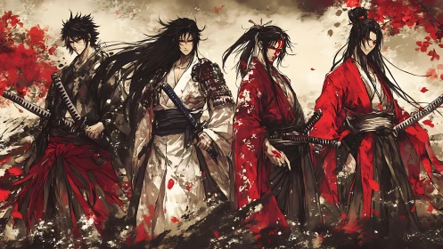Four determined samurai in bold red and white robes stand united.