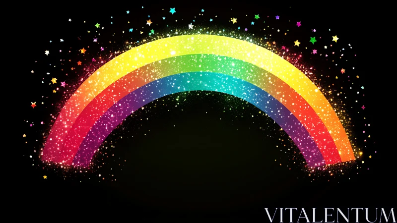 Glittering rainbow arc sparkles across deep black sky.