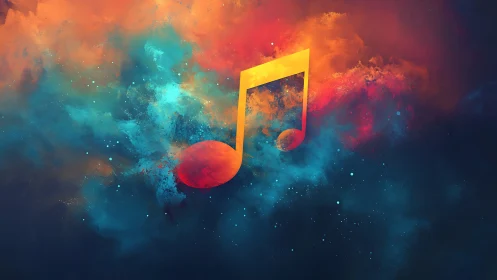 Vibrant musical note emerging from a chromatic nebula field