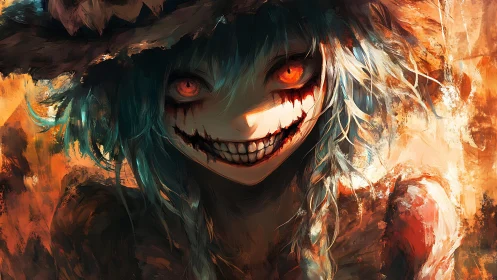 Sinister anime witch grins amid blazing, chaotic brushstrokes