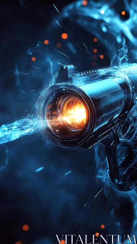 Futuristic energy cannon glowing with electric blue power.