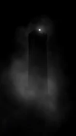 Moonlit tower rises through dense night fog in silhouette