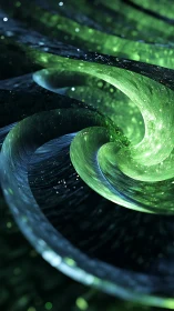 Green swirling energy tunnel with glowing abstract curves.