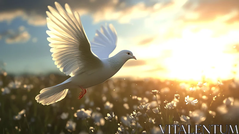 Gentle white dove gliding through a golden sunset meadow.