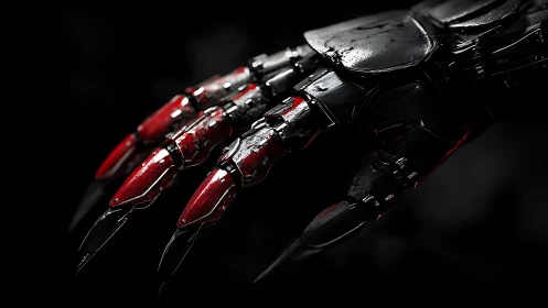 Mechanical clawed hand extends forward with sharpened red talons