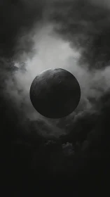 Dark spherical celestial body is centered within dense clouds