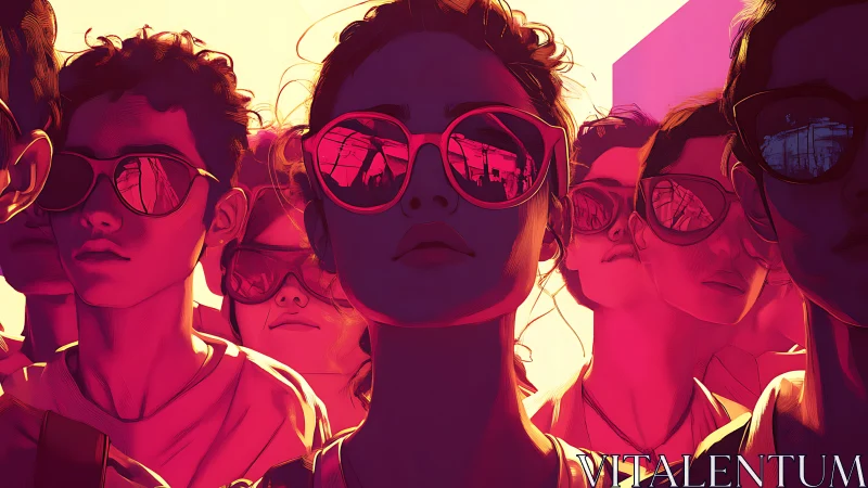 Youthful crowd in neon sunglasses bathed in sunset glow.