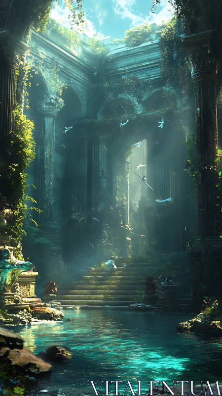 Sunlit overgrown temple atrium with luminous turquoise pool.