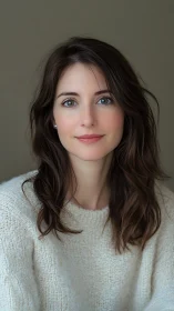 Gentle portrait of a warm, relaxed woman in a soft sweater.