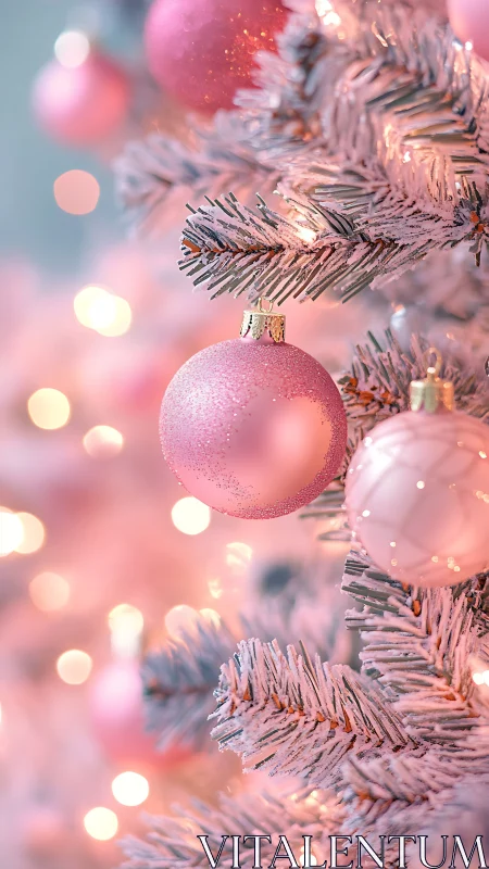 Pink ornaments on frosted artificial Christmas tree branch.