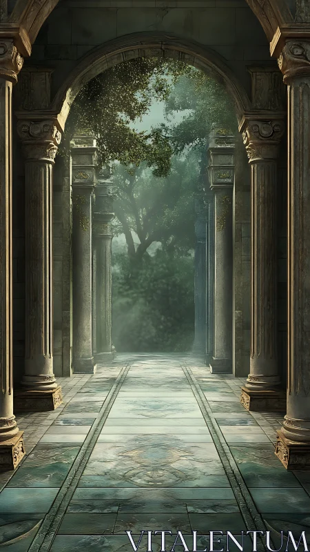 Sunlit marble arcade opens onto a misty enchanted garden