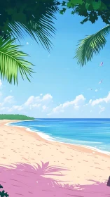 Tropical Beach Scene with Palm Fronds and Coastal Seascape