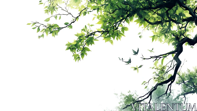 Sunlit tree branches with green leaves and birds, digital art style.