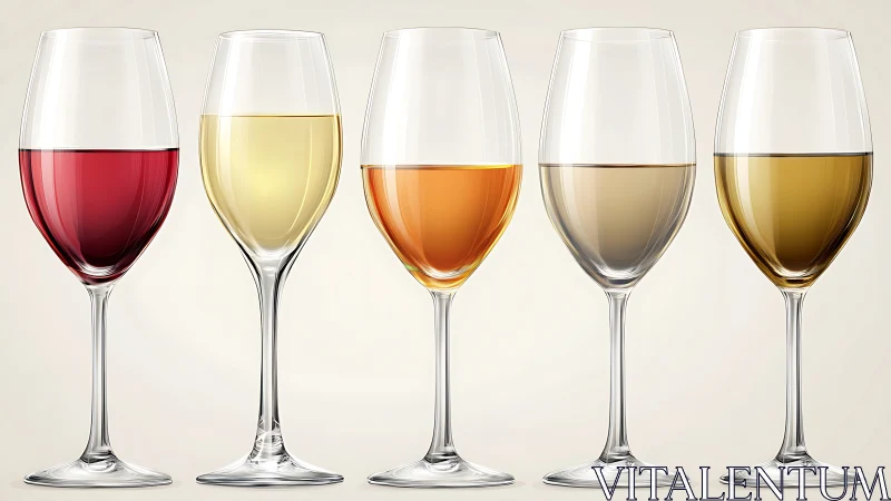 Row of calibrated wine glasses showcasing distinct color gradients