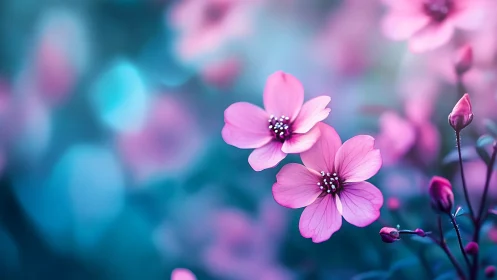 Pink cosmos flowers blooming against soft turquoise blur.