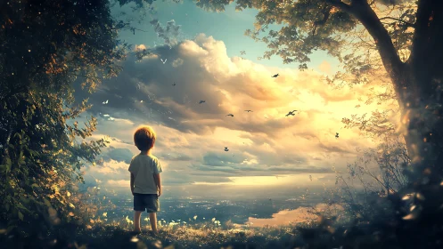 Child observing distant city beneath expansive sky at dusk.