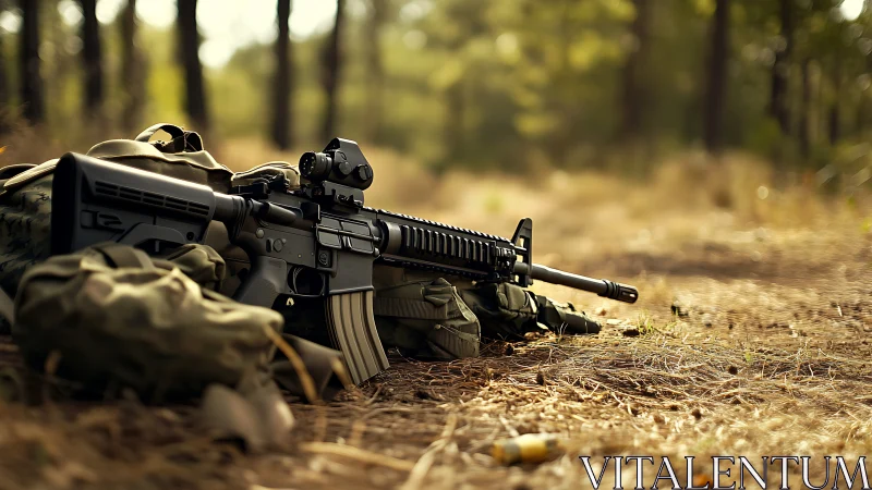 Modern tactical rifle on forest floor with gear in view.