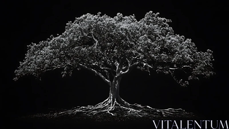 Monochrome arboreal structure with exposed radial root network.