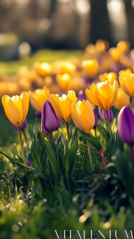 Golden Tulips and Purple Petals Dance in Spring Sunlight