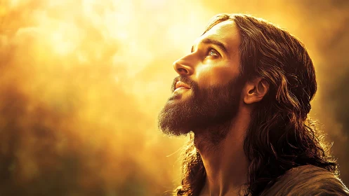 Bearded long haired man looks upward into intense golden light