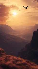 Skyborne raptor glides above ember-lit canyon valleys